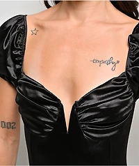 Lovesome Satin Babydoll Black Puff Sleeve Mini Dress
