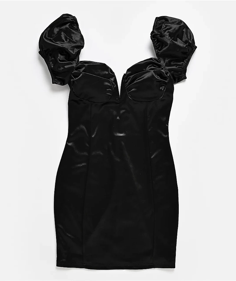 Lovesome Satin Babydoll Black Puff Sleeve Mini Dress