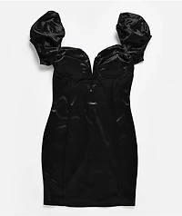 Lovesome Satin Babydoll Black Puff Sleeve Mini Dress