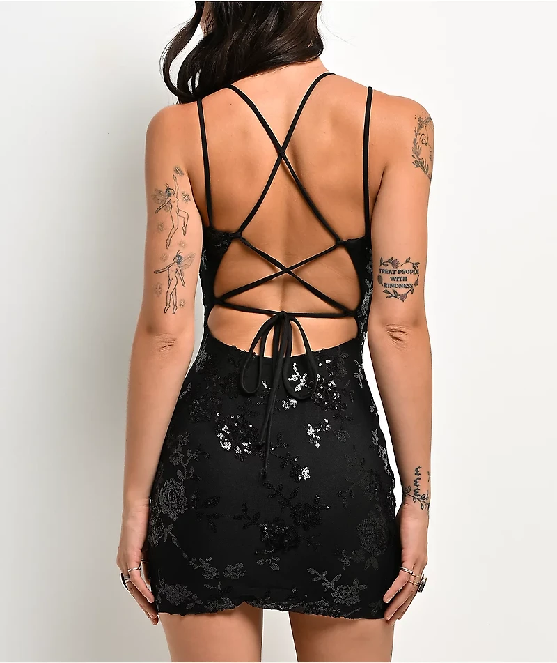 Lovesome Sequin Tie Back Black Dress