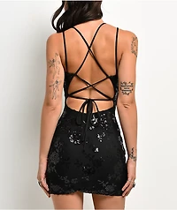 Lovesome Sequin Tie Back Black Dress