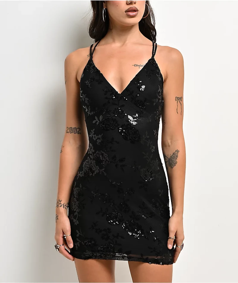 Lovesome Sequin Tie Back Black Dress