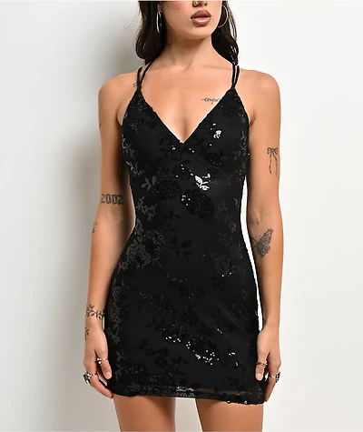 Lovesome Sequin Tie Back Black Dress
