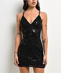 Lovesome Sequin Tie Back Black Dress