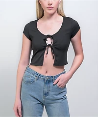 Lunachix Black Rib Tie Front Crop Top