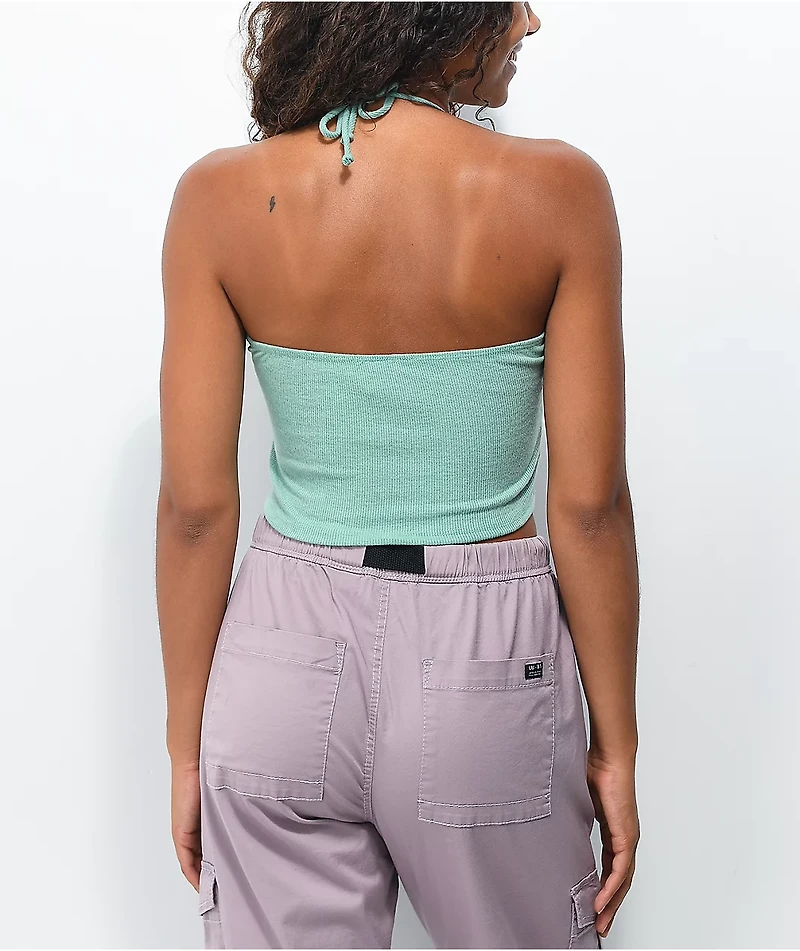 Lunachix Side Ruched Green Halter Tank Top