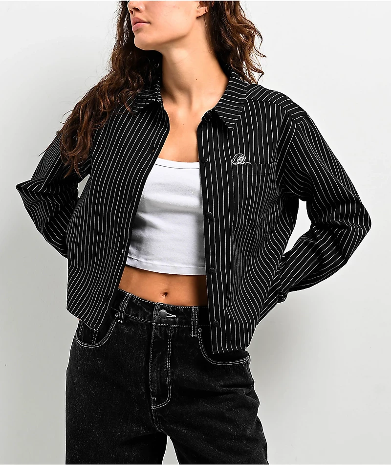 Lurking Class By Sketchy Tank Lurker Stripe Black & White Long Sleeve Crop Button Up Shirt