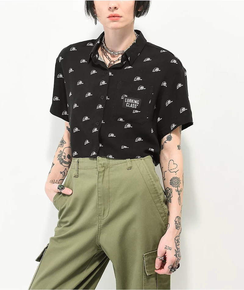 Lurking Class by Sketchy Tank  Lurker AOP Black Crop Short Sleeve Woven Shirt