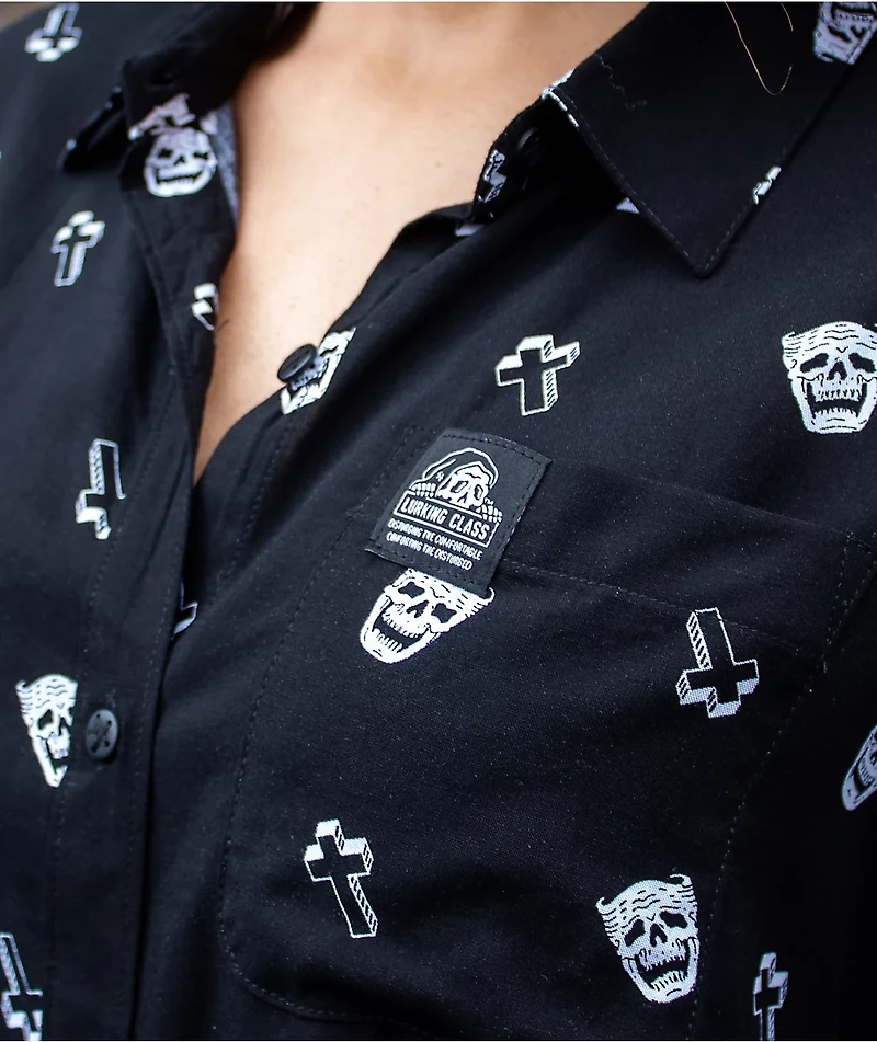 Lurking Class by Sketchy Tank Cry Print Black Short Sleeve Button Up Shirt