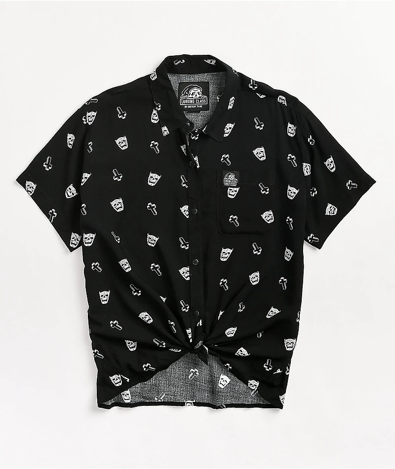 Lurking Class by Sketchy Tank Cry Print Black Short Sleeve Button Up Shirt