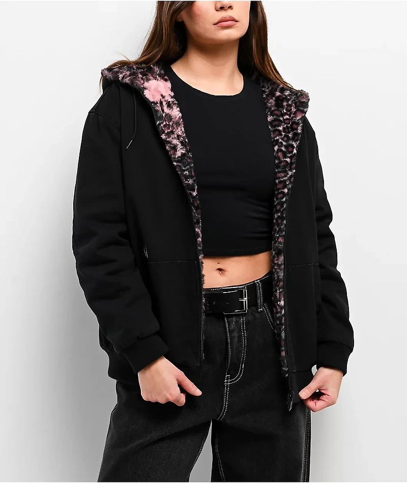 Lurking Class by Sketchy Tank Death Leopard Black & Pink Faux Fur Reversible Work Jacket