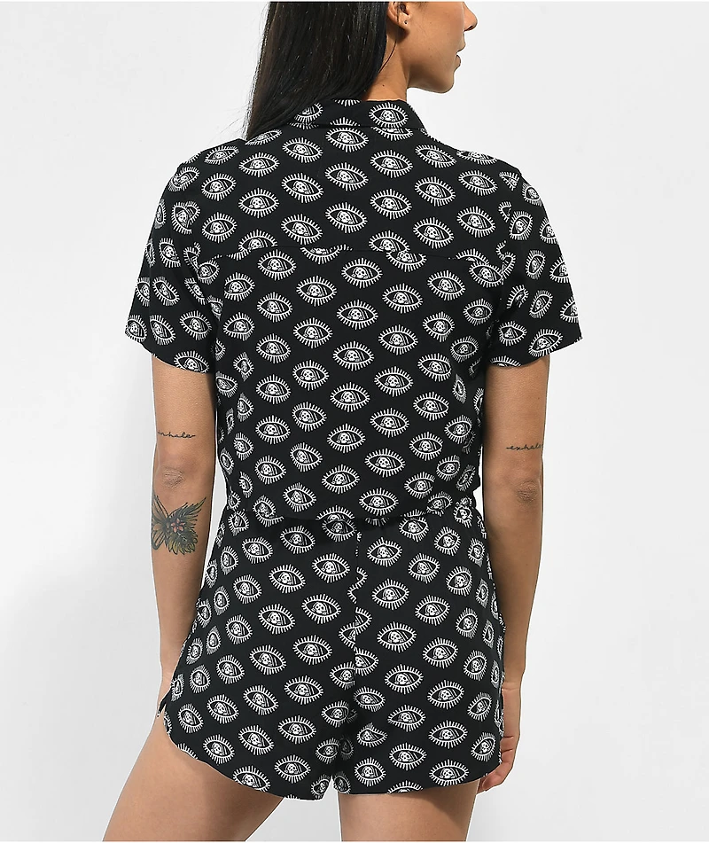 Lurking Class by Sketchy Tank Eyes Black Crop Short Sleeve Zip Up Shirt