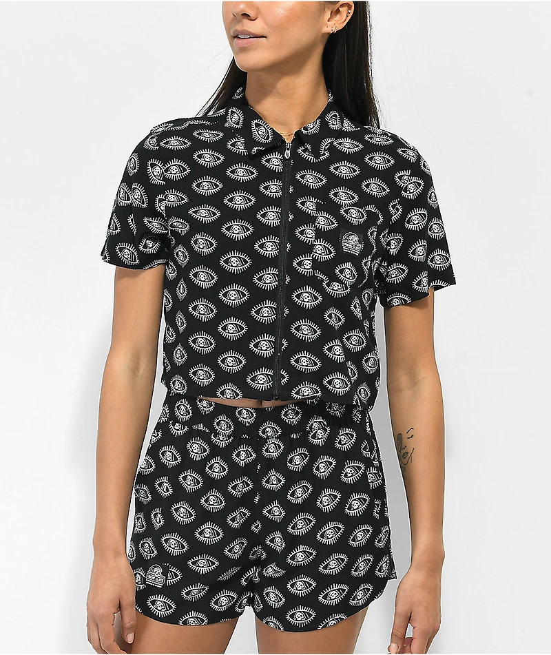 Lurking Class by Sketchy Tank Eyes Black Crop Short Sleeve Zip Up Shirt