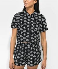 Lurking Class by Sketchy Tank Eyes Black Crop Short Sleeve Zip Up Shirt