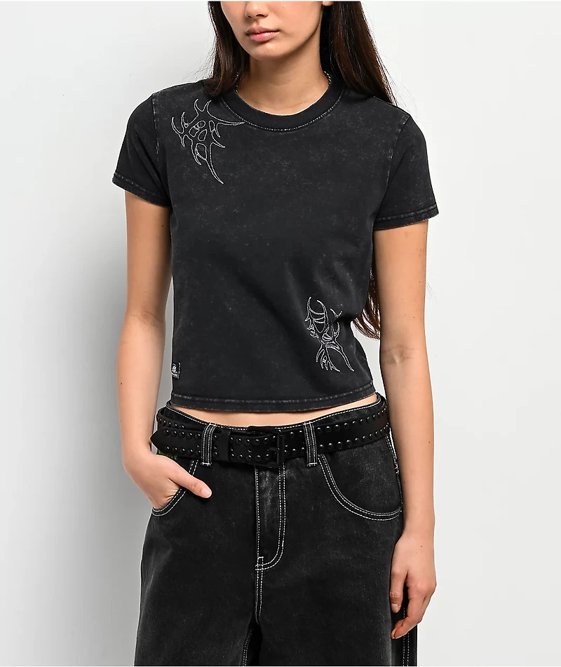 Lurking Class by Sketchy Tank Grand Sin Embroidered Black Wash Crop T-Shirt