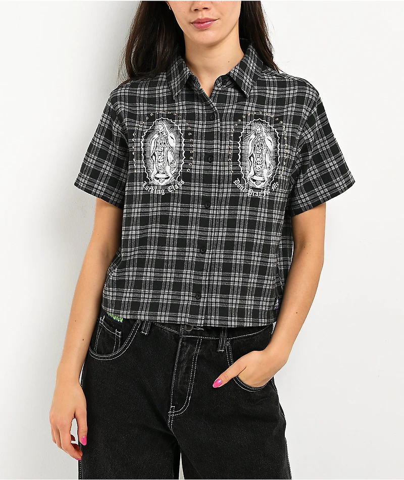 Lurking Class by Sketchy Tank Muerte Black & Grey Plaid Button Up Crop Shirt