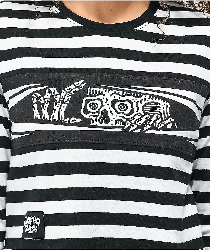 Lurking Class by Sketchy Tank Peeking Black & White Stripe Crop Long Sleeve T-Shirt