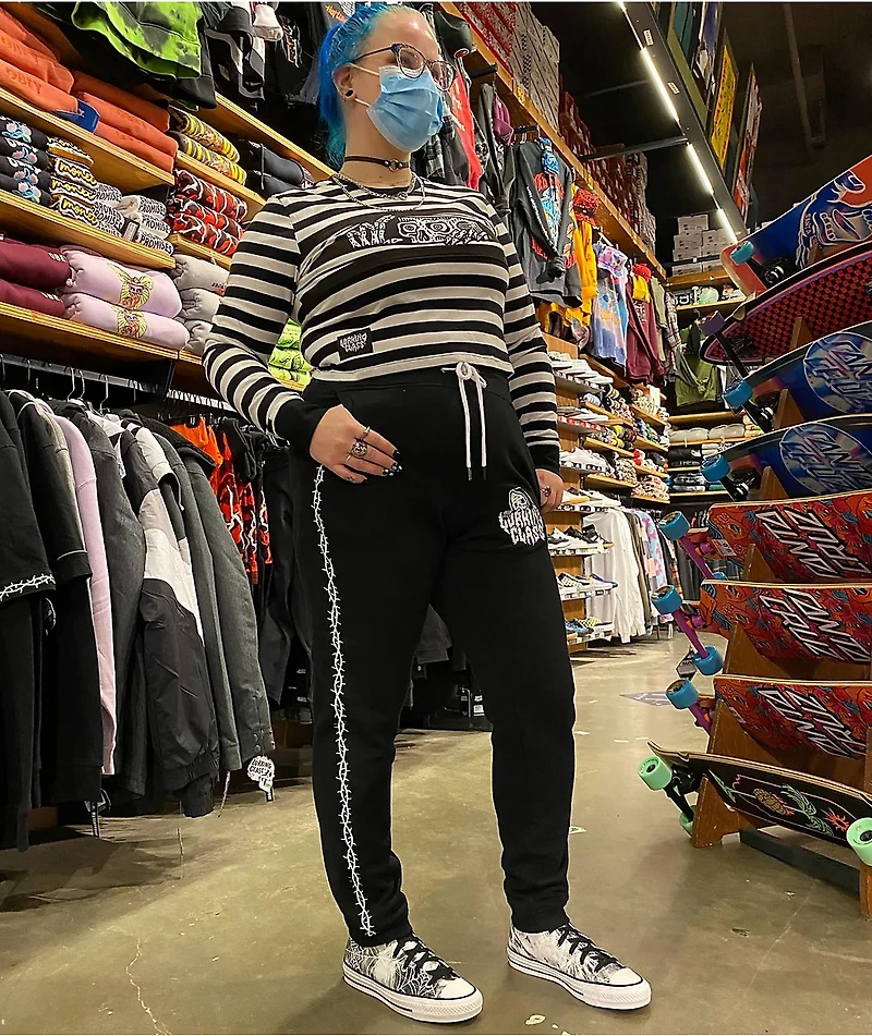 Lurking Class by Sketchy Tank Peeking Black & White Stripe Crop Long Sleeve T-Shirt