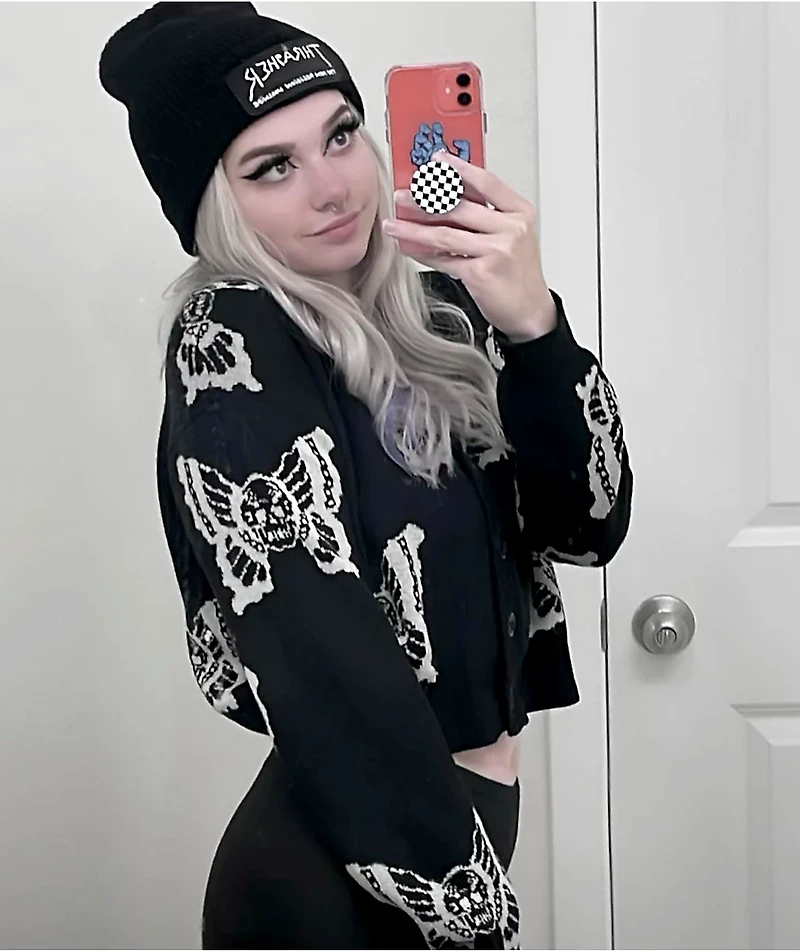 Lurking Class by Sketchy Tank Skullfly Black Crop Cardigan Sweater