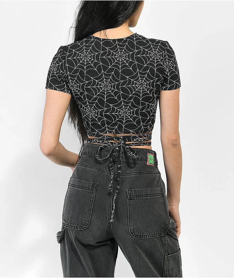Lurking Class by Sketchy Tank Spiderweb Black Wrap Around Crop Shirt