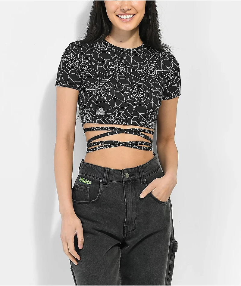 Lurking Class by Sketchy Tank Spiderweb Black Wrap Around Crop Shirt