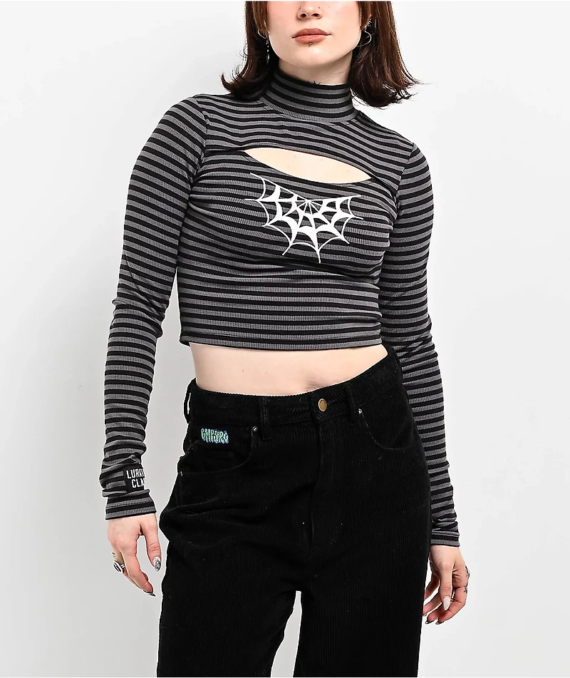 Lurking Class by Sketchy Tank Striped Cutout Black Long Sleeve Crop Top
