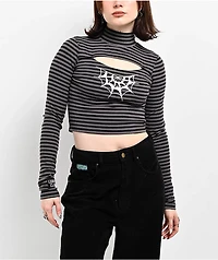 Lurking Class by Sketchy Tank Striped Cutout Black Long Sleeve Crop Top