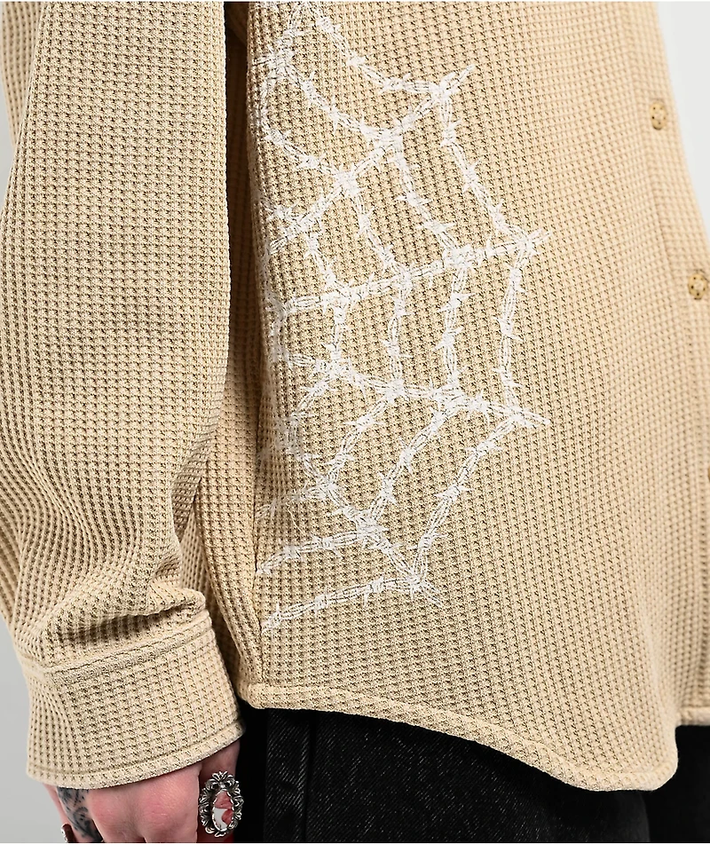 Lurking Class by Sketchy Tank Webs Khaki Long Sleeve Thermal Button Up Shirt