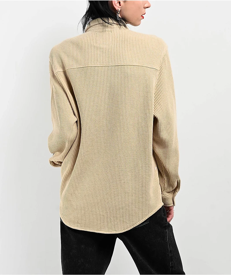 Lurking Class by Sketchy Tank Webs Khaki Long Sleeve Thermal Button Up Shirt