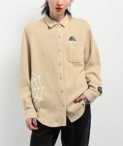 Lurking Class by Sketchy Tank Webs Khaki Long Sleeve Thermal Button Up Shirt