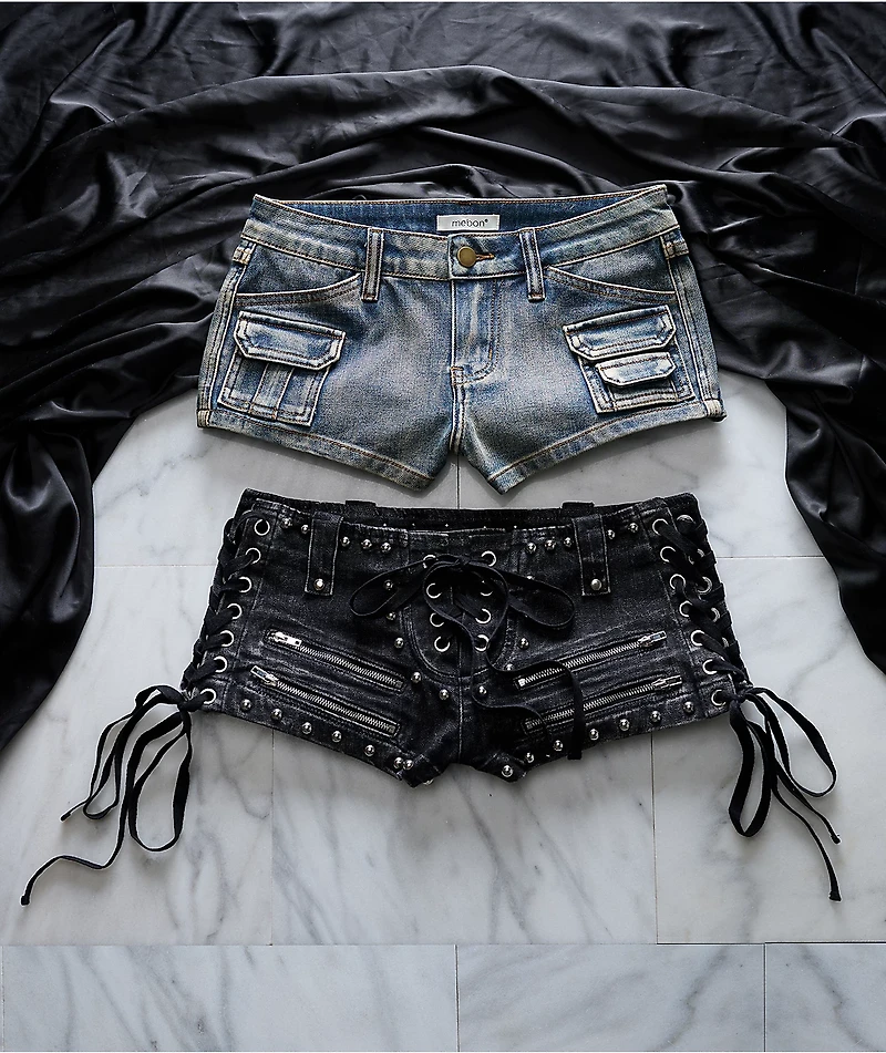 Mebon Rebel Studded Black Wash Micro Shorts