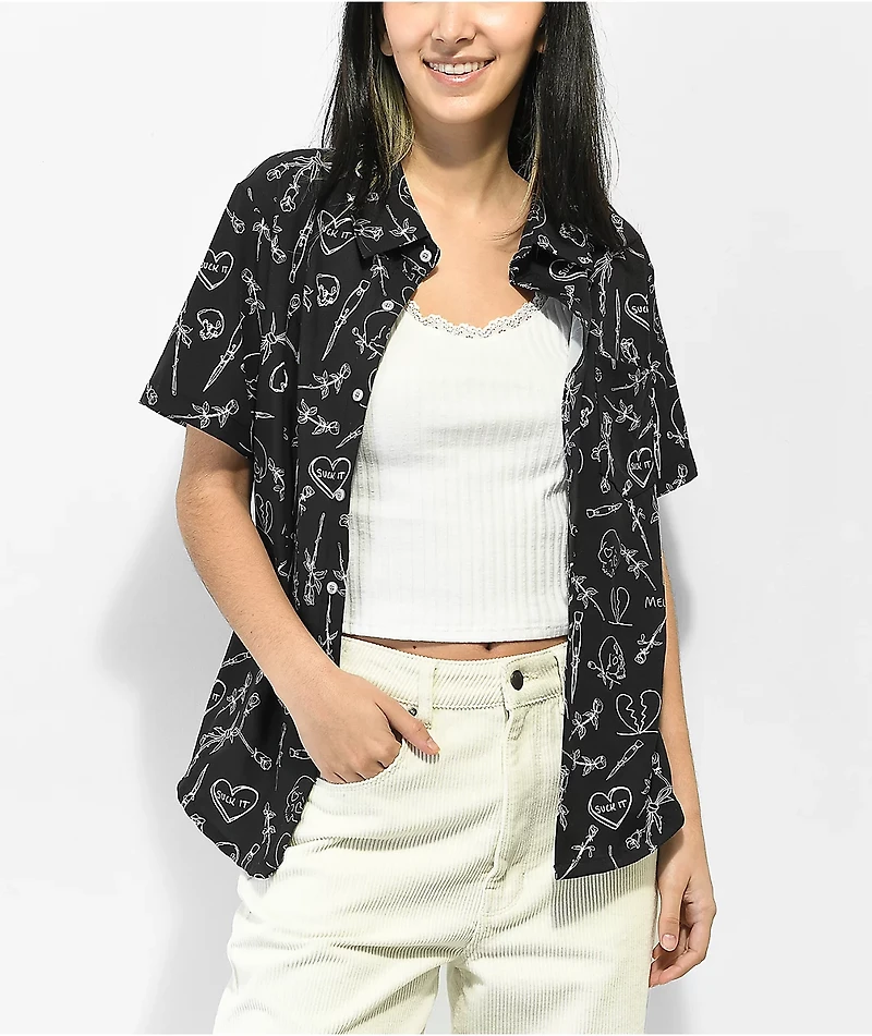 Melodie Lovers Black Short Sleeve Button Up Shirt