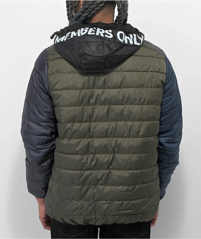 Members Only Packable Green & Blue Hooded Puffer Jacket