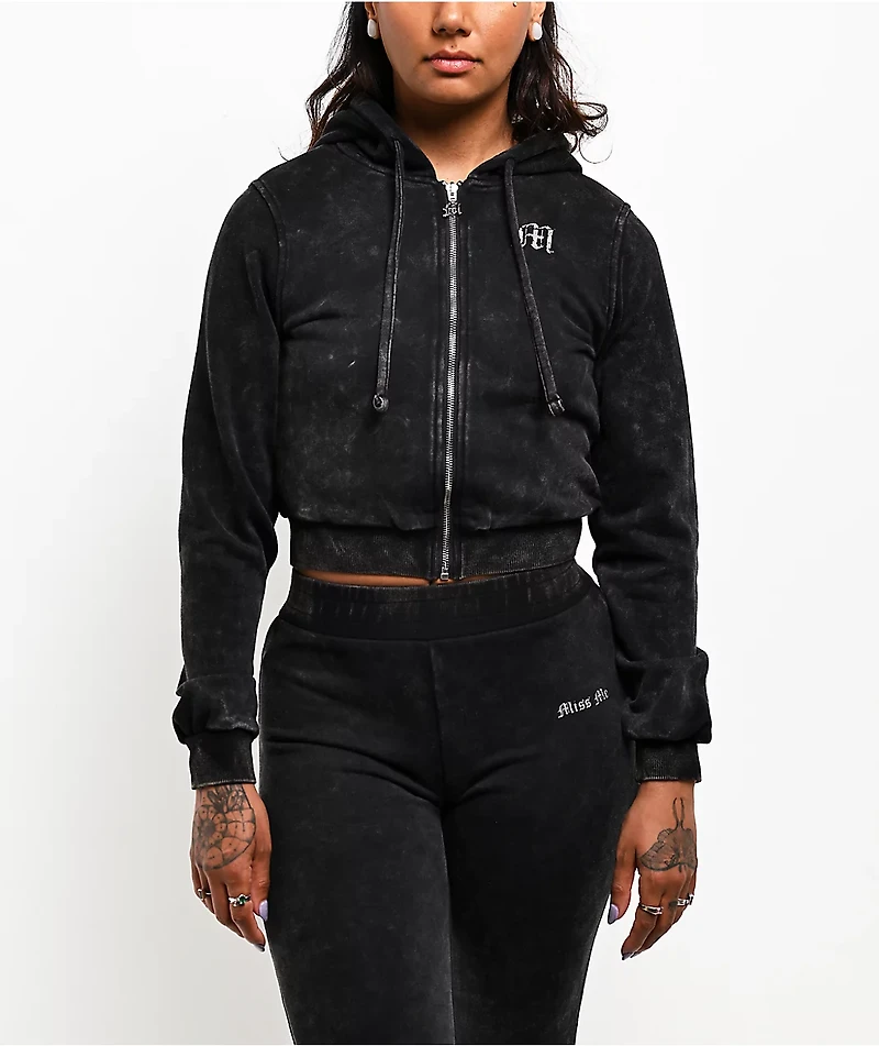 Miss Me Washed Black Crop Zip Hoodie