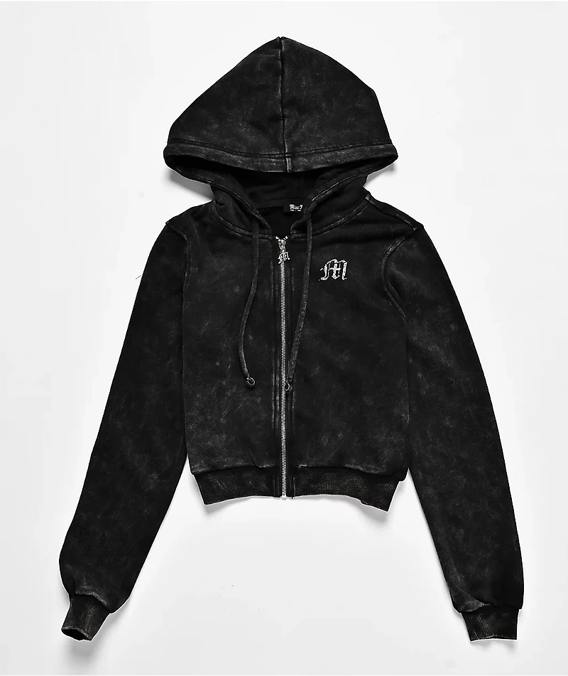 Miss Me Washed Black Crop Zip Hoodie