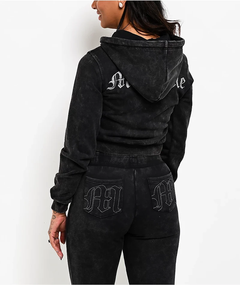 Miss Me Washed Black Crop Zip Hoodie