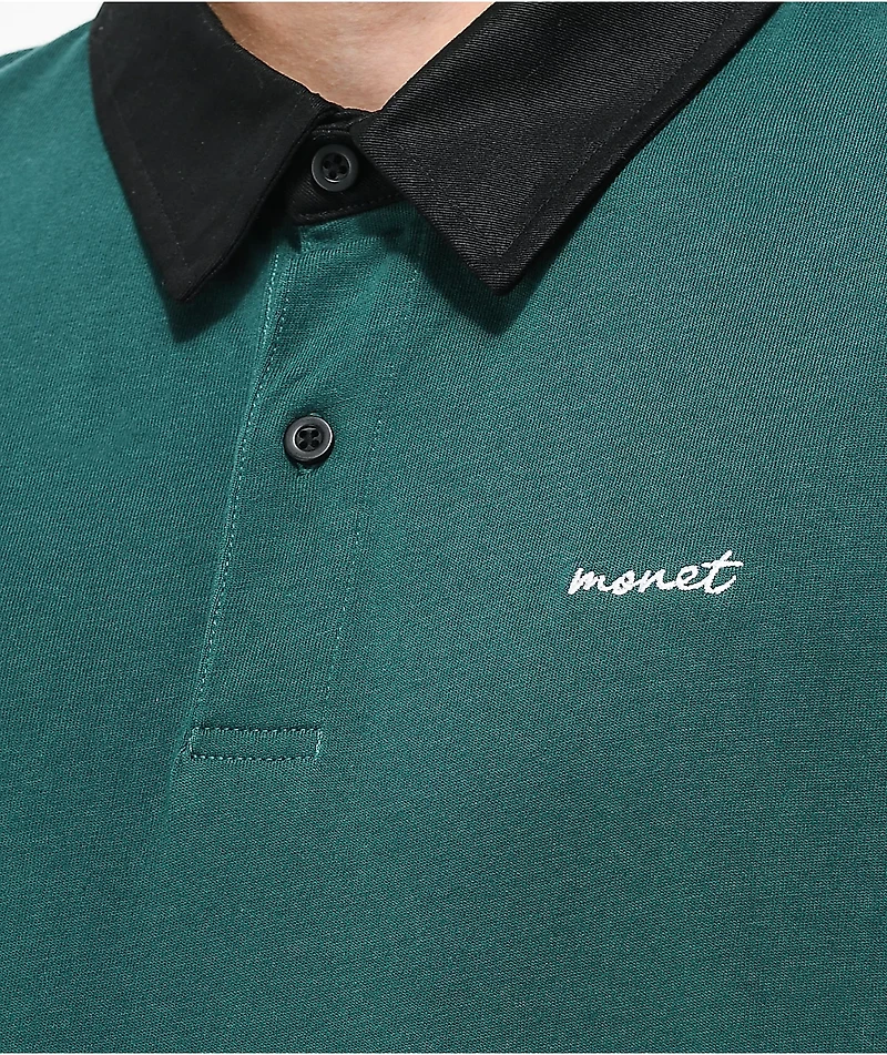 Monet Blocked Green & Black Long Sleeve Polo Shirt