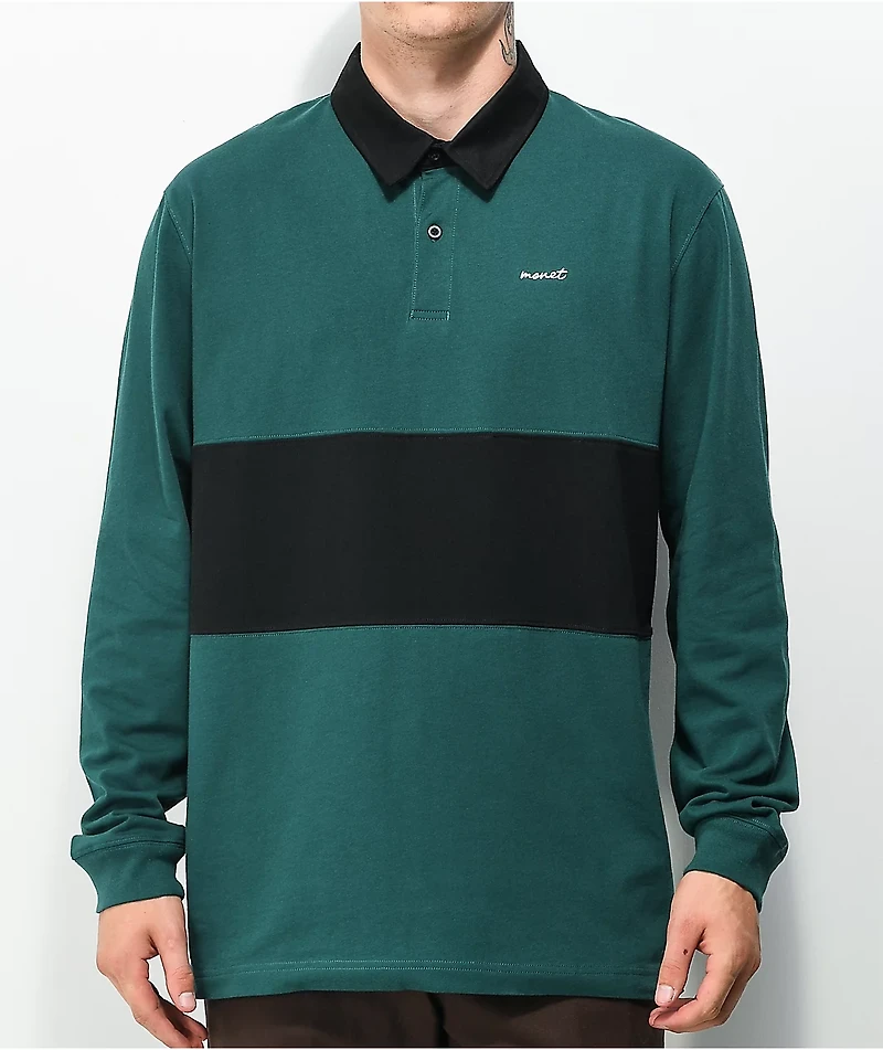 Monet Blocked Green & Black Long Sleeve Polo Shirt