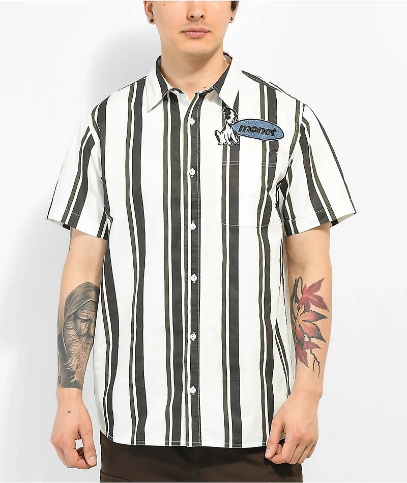 Monet Skateboards Puppet White, Black, & Green Short Sleeve Button Up Shirt