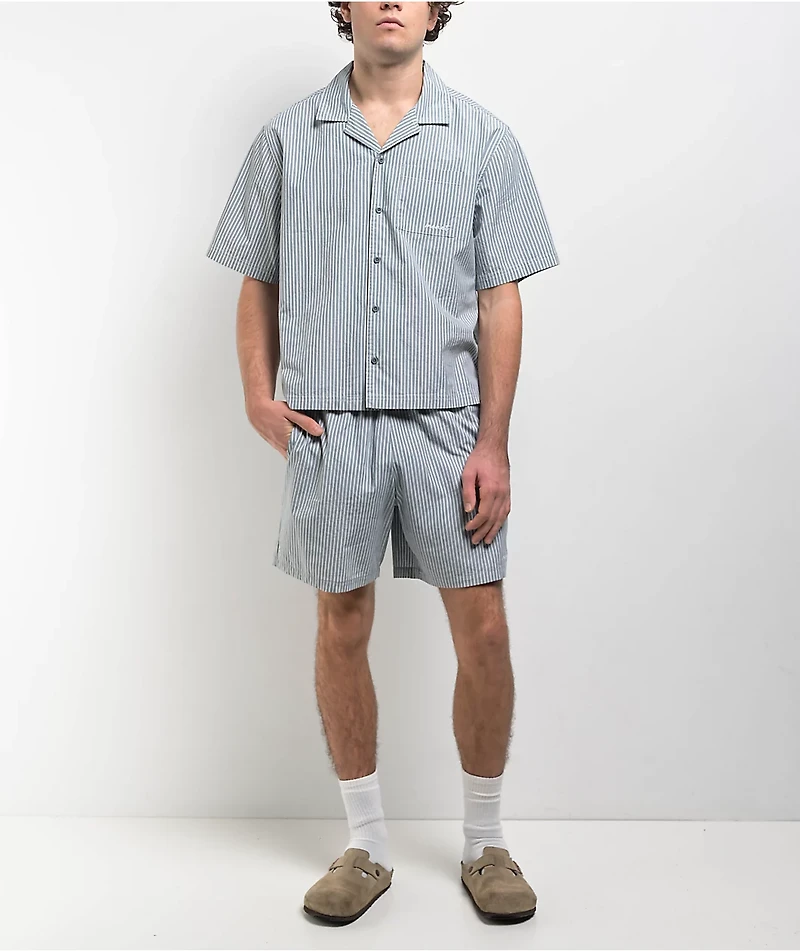 Monet Skateboards Stripe Blue Short Sleeve Button Up Crop Shirt