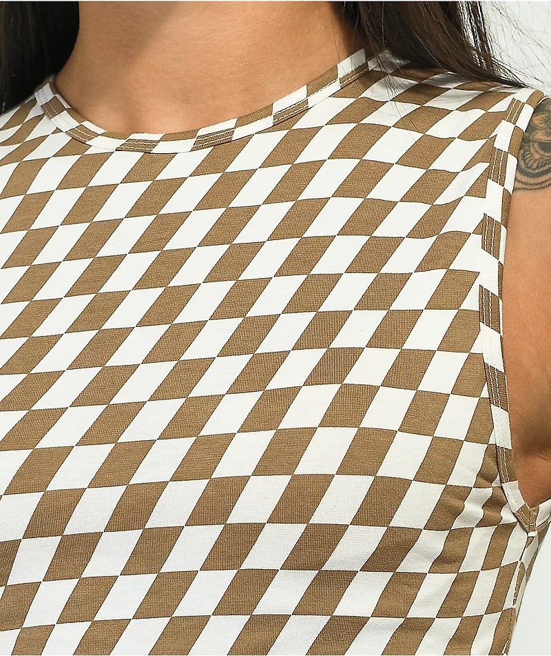 Motel Gimon Brown & White Checkered Crop Tank Top