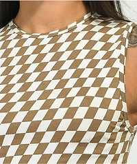 Motel Gimon Brown & White Checkered Crop Tank Top