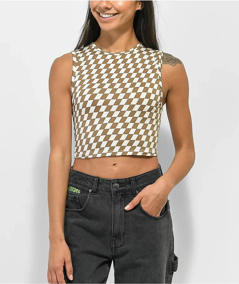 Motel Gimon Brown & White Checkered Crop Tank Top