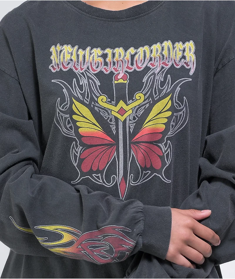 NGOrder Butterfly Dagger Black Acid Wash Long Sleeve T-Shirt