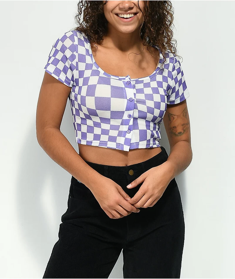 NGOrder Popper Warped Purple & White Checkered Crop Top