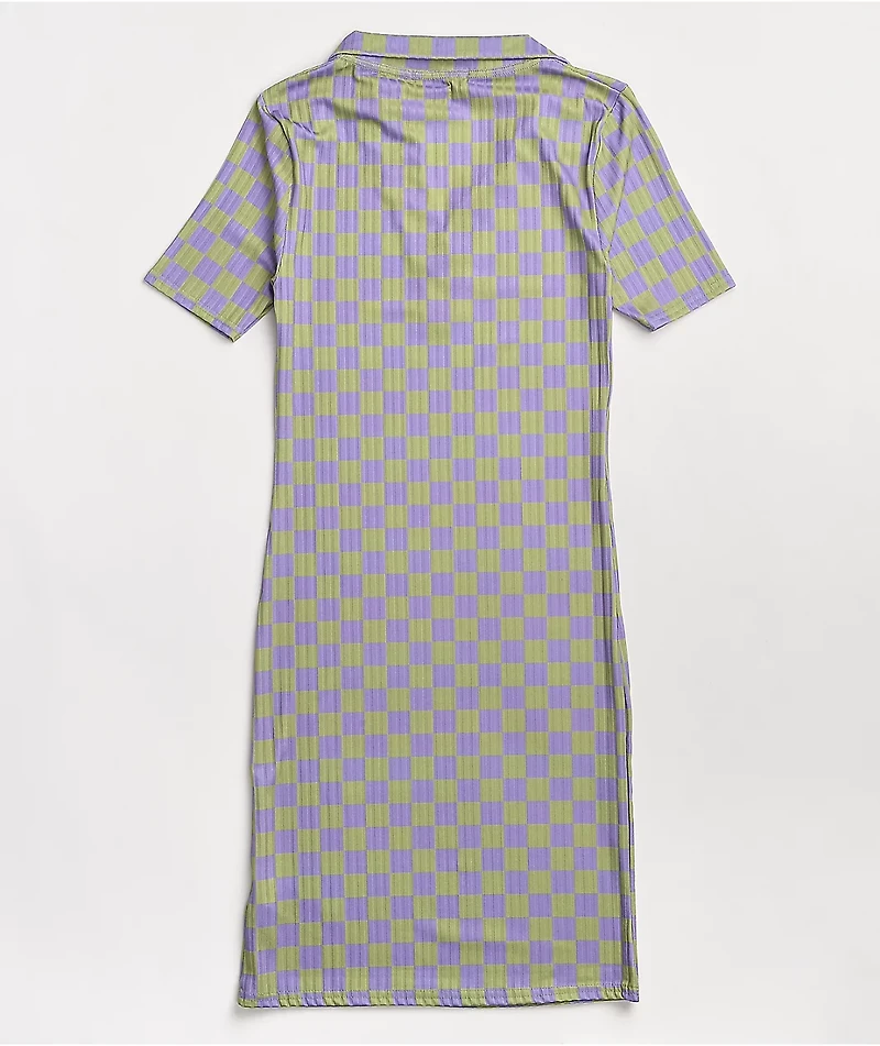 NGOrder Ribbed Purple & Green Checkerboard Polo Dress