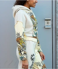NGOrder Yin Yang Dragon Panel Yellow & Beige Crop Hoodie