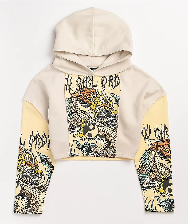 NGOrder Yin Yang Dragon Panel Yellow & Beige Crop Hoodie