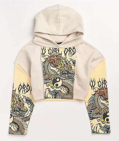 NGOrder Yin Yang Dragon Panel Yellow & Beige Crop Hoodie