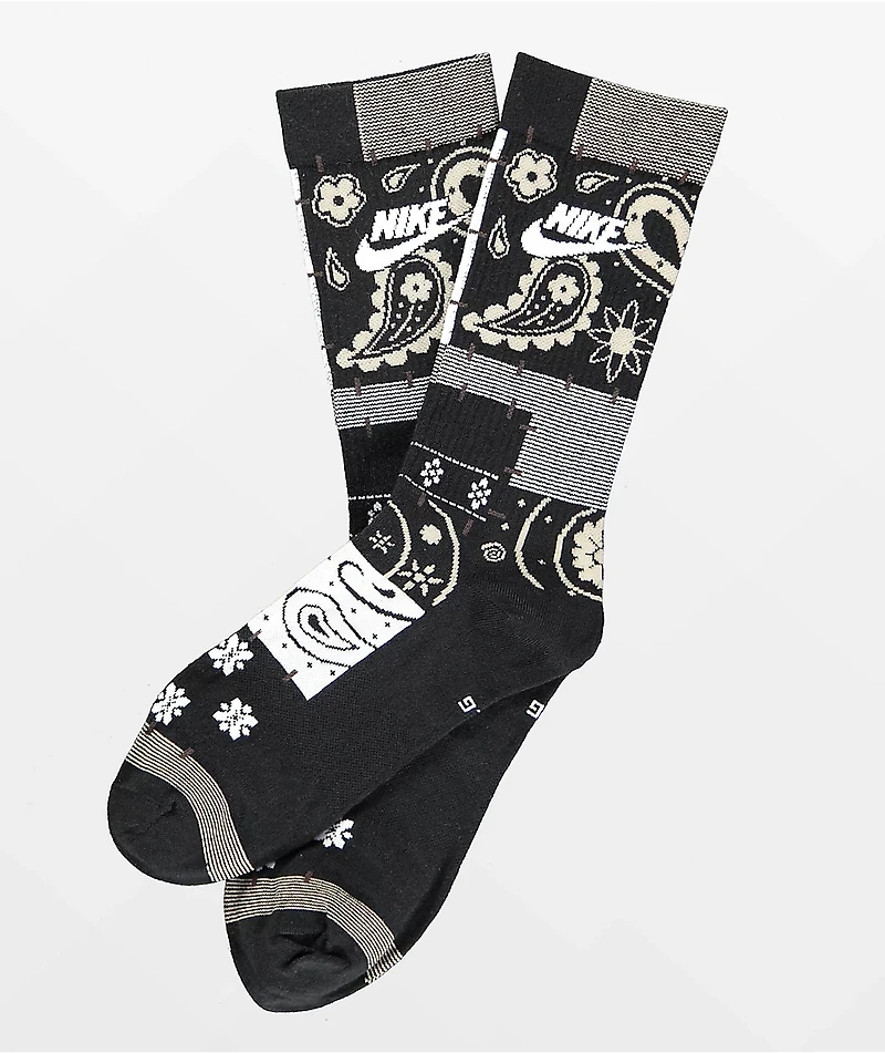 Nike Everyday Essentials Paisley Black & Khaki Crew Socks